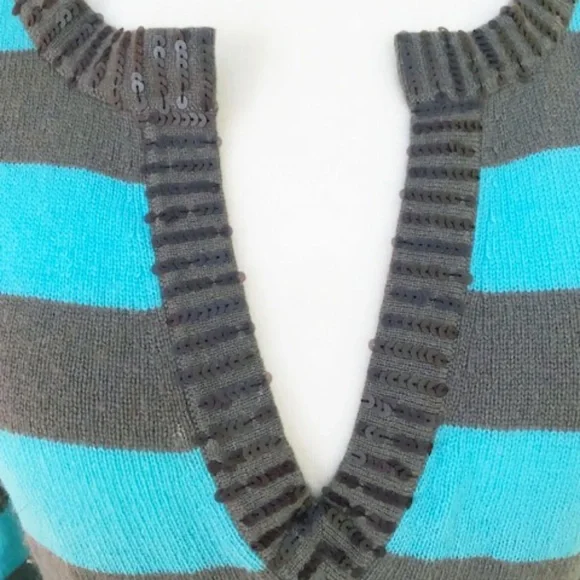 Autumn Cashmere 100% Stripe Beaded Long Sleeve Tunic Sweater Turquoise Gray - Picture 2 of 10
